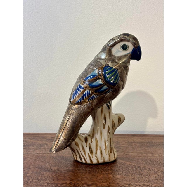 Silver Vintage Tonalá Mexican Parrot Figurine, Coastal Modern Folk Art Ceramic For Sale - Image 8 of 8