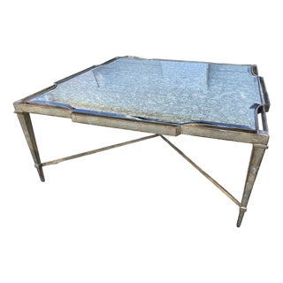 Vintage Louis XVI Style Wrought Iron and Antiqued Mirror Glass Top Coffee Table For Sale