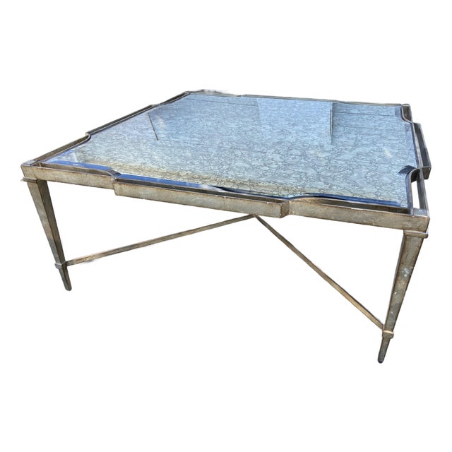 Vintage Louis XVI Style Wrought Iron and Antiqued Mirror Glass Top Coffee Table For Sale