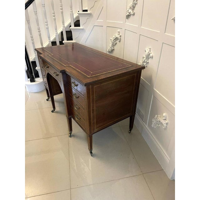 Late 19th Century Antique Victorian Mahogany Inlaid Kneehole Desk by Edwards and Roberts, 1880s For Sale - Image 5 of 14