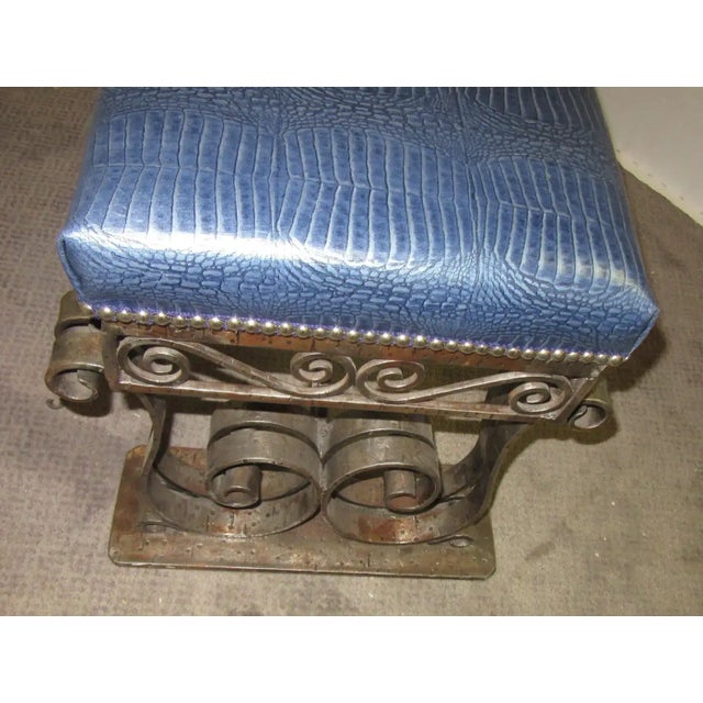 1930s 1930s French Art Deco Iron Bench With Faux Alligator Metallic Cobalt Blue Leather Upholstery For Sale - Image 5 of 6
