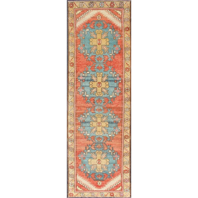 Colorful Antique Oushak Runner With Medallion Design in Terracotta, Yellow & Teal Blue For Sale - Image 9 of 9