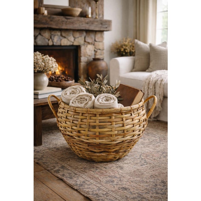 Extra Large Vintage Handwoven Reef Basket With Wrapped Handles, Coastal Rustic Decor For Sale - Image 9 of 9