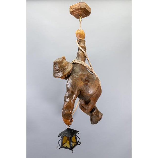Large German Black Forest Carved Wood Mountaineer with Lantern, 1950s For Sale - Image 16 of 18