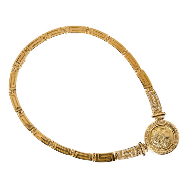 Late 20th Century Vintage 2 Carats Diamond Medallion Greek Meander Cameo Necklace 18k Gold For Sale