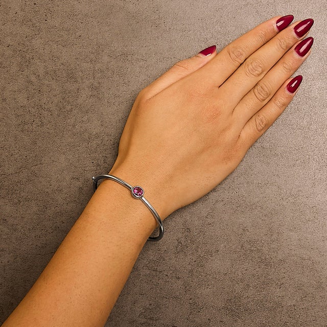 .925 Sterling Silver 7X7MM Created Red Ruby Solitaire Bangle Bracelet - 7 Inches For Sale - Image 4 of 5