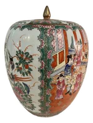 Vintage Chinese Famille Rose Chinoiserie Ginger Jar With Court Scene and Lid, 13.5 Inches - Republic to Mid Century Period