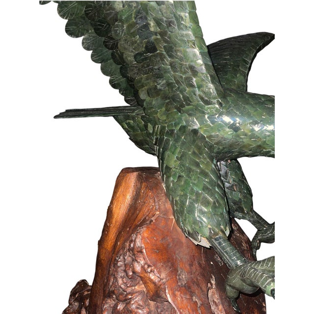 Wood Monumental 20th Century Chinese Spinach Jade Carved Eagle on Naturalistic Base For Sale - Image 7 of 11