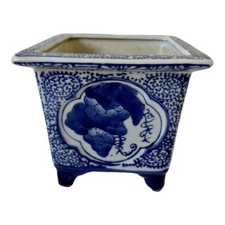 Vintage Blue & White Square Chinoiserie Planter For Sale