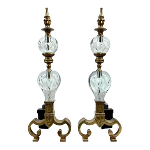 Mid 20th Century Vintage Brass & St. Clair Crystal Decorative Andirons - a Pair
