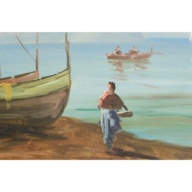 Late 20th Century Boats on the Shore - Figurative Italian Oil Landscape For Sale - Image 5 of 5