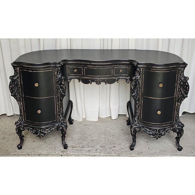 1930s Black Vanity With Three-Panel Mirror, Rococo Style Vintage Carved Vanity. For Sale - Image 14 of 18