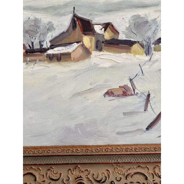 Vintage Original Oil Painting on Board – Snowy Farm and Barn Winter Landscape – Ornate Frame For Sale - Image 14 of 17