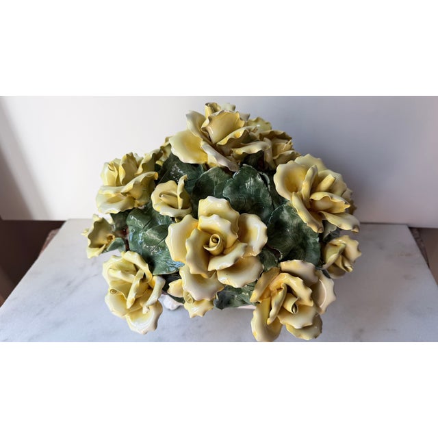 Vintage Italian Capodimonte-Style Porcelain Floral Arrangement Yellow Roses and Green Leaves Set Inside a White Textured Ceramic Basket. For Sale - Image 14 of 16