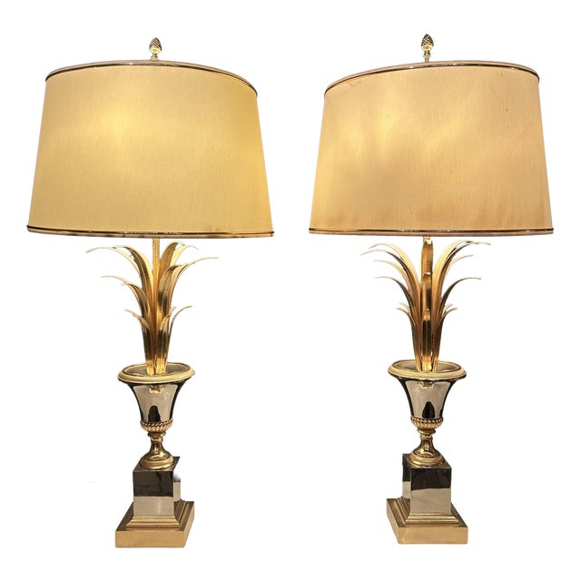 Palm Tree Lamps in Gilt Brass and Chromed Metal in the style of Maison Charles, France, 1970s, Set of 2 For Sale