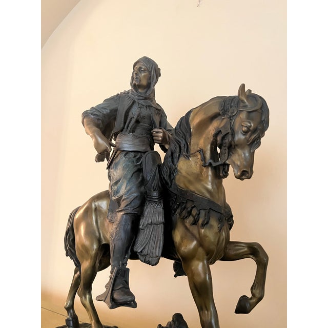 Vintage Bronze Figure of Horse & Rider “Cavalier Arabe” on Marble Signed Bayre For Sale In West Palm - Image 6 of 11