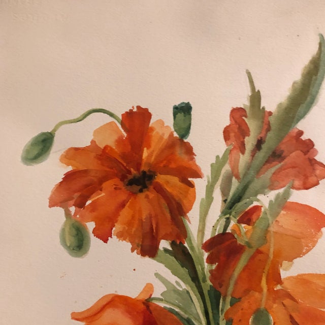 Original Vintage Watercolor Poppy Still Life Painting Signed 1970’s For Sale - Image 4 of 8