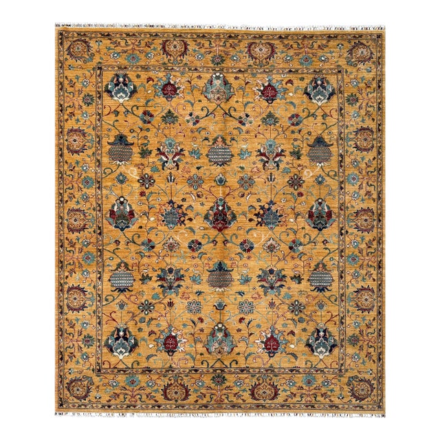 Saffron Sultanabad Design Area Rug, Hand-Knotted Wool, 8x10, Gold & Teal For Sale