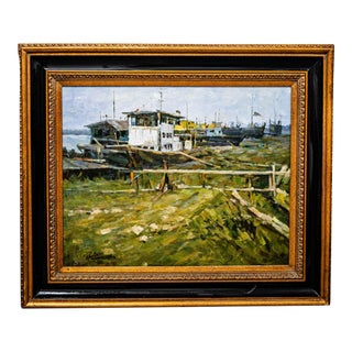 1990s Moored Old Boat Oil Painting by Bale For Sale