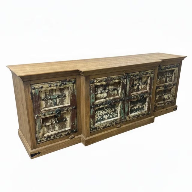 Far Pavilions 1970s Farmhouse Style Distressed Painted 4 Door Solid Wood Sideboard - 96" Long | Rustic Credenza | Large Storage Buffet Cabinet For Sale - Image 4 of 5