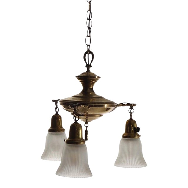 Antique Brass 3-Light Chandelier With Opalescent Glass Shades C1930 For Sale