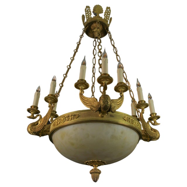 Large Empire Style Alabaster and Bronze 16-Light Chandelier, 1890s For Sale