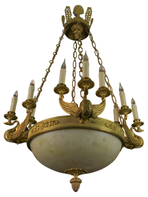 Large Empire Style Alabaster and Bronze 16-Light Chandelier, 1890s