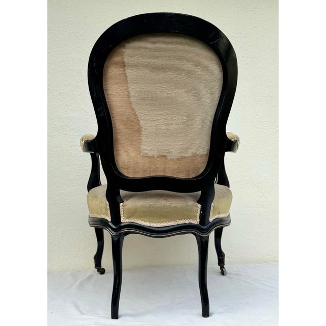 Ebony Pair of Antique 19th Century Ebonized French Fauteuils With Original Needlepoint Upholstery For Sale - Image 8 of 11