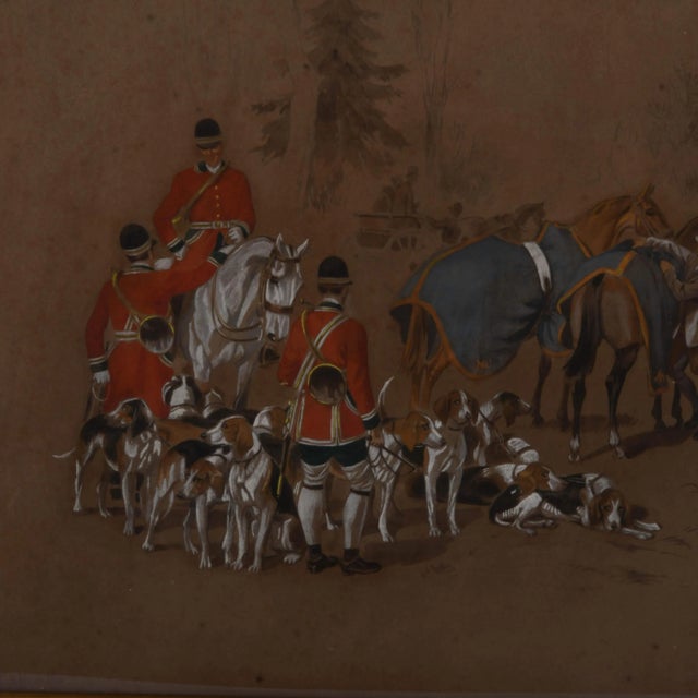 This Framed Signed de Marcillac "Awaiting the Signal" Watercolor depicts a classic hunting scene rendered in warm, earthy...