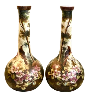 1800s Antique Victorian Hand Painted Bristrol Milk Glass Vases by Thomas Webb & Sons - A Pair