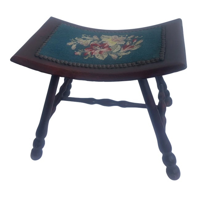 Antique Stool With Needlepoint Seat For Sale