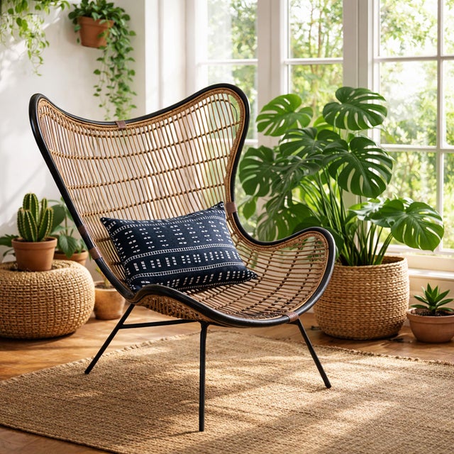 Wood Midcentury Modern Boho Bamboo & Black Scoop Chair For Sale - Image 7 of 7