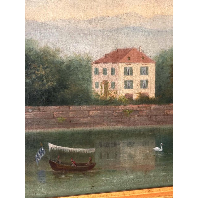 European School, Lakeside Villa with Swans, 1890s, Oil on Canvas, Framed For Sale - Image 11 of 12