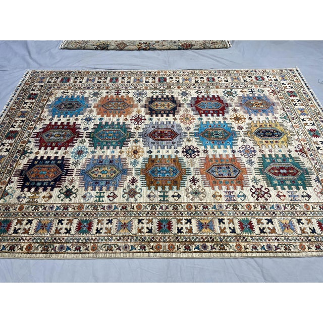 Ivory & Blue Sultani Natural Dye Wool Rug, Tribal Geometric Medallion ...