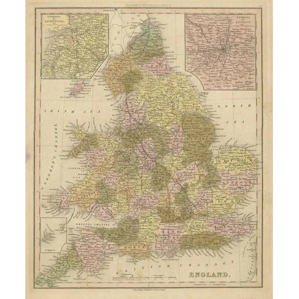 Antique Map of England with Inset Maps of Liverpool and London, 1842 For Sale - Image 3 of 6