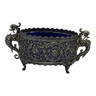 Late 19th Century French Dresser Vanity Trinket Jewelry Holder With Cobalt Blue Glass Insert For Sale