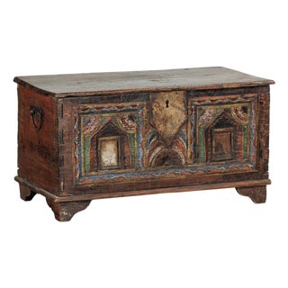 Antique Indian Painted Chest with Hinged Lid and Traces of Original Mirrors For Sale