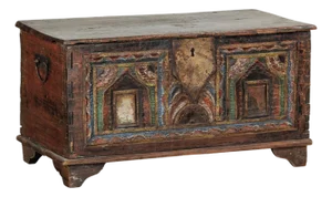 Antique Indian Painted Chest with Hinged Lid and Traces of Original Mirrors