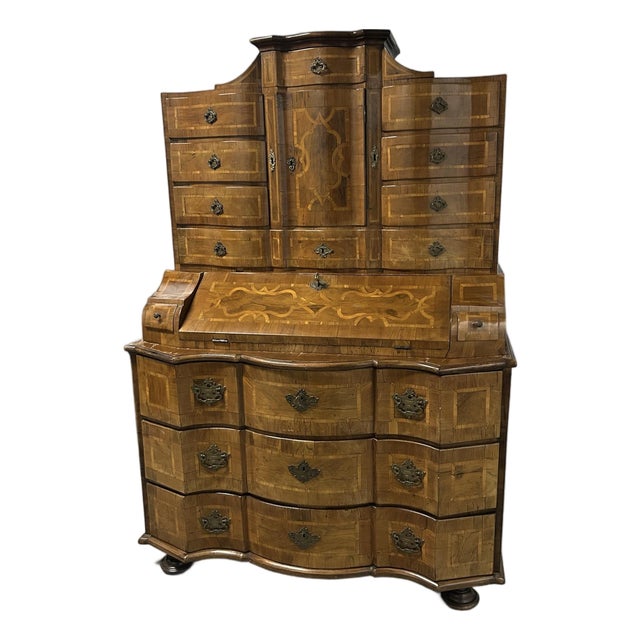 18th Century German Baroque Walnut Veneer & Marquetry Bureau Cabinet For Sale