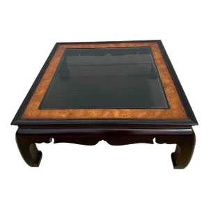 1990s Vintage Gordons Furniture Chinoiserie Glass Top Burl Wood Coffee Table