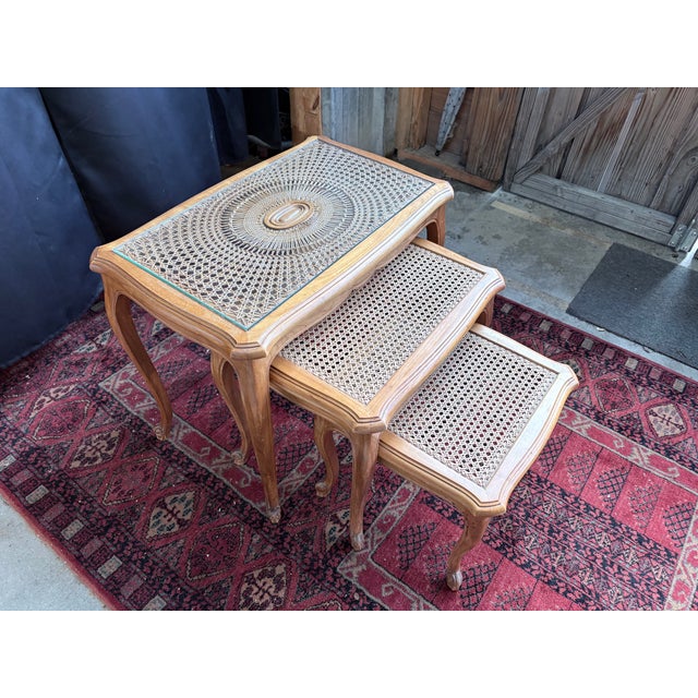 Wood Vintage Nesting Tables in Wood and Caning Under Glass, Set of 3 For Sale - Image 7 of 12