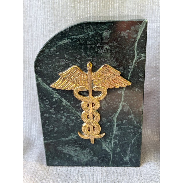 Vintage Medical Caduceus Green Italian Marble Heavy Bookends a Pair For Sale - Image 4 of 16