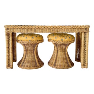Vintage Coastal Handwoven Manila Rattan Console Table With Matching Ottomans-Set of Three For Sale