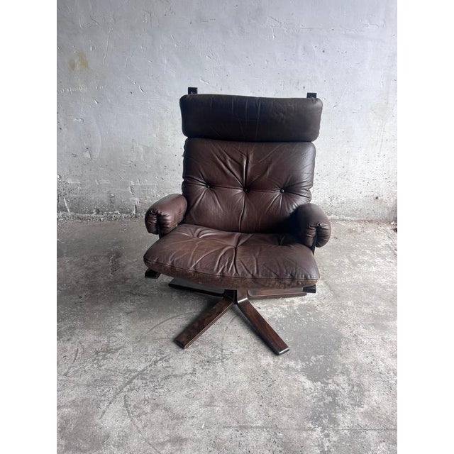 Brown Vintage Scandinavian Leather Swivel Lounge Chair, 1970s For Sale - Image 8 of 8