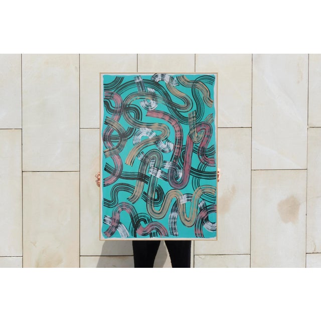 Textile "Lime and Black Line Work" Contemporary Abstract Acrylic Painting For Sale - Image 7 of 8