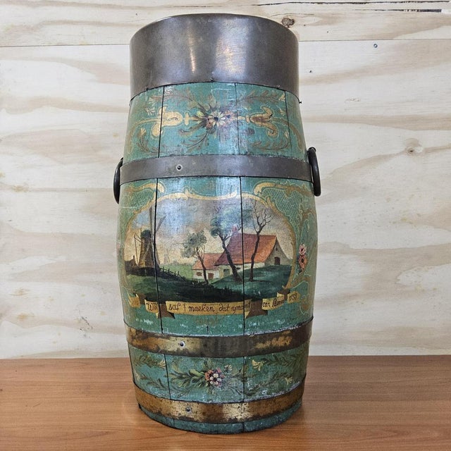 DESCRIPTION: A beautiful and extremely rare antique wooden, hand-painted powder keg from the 18th century. The keg was...