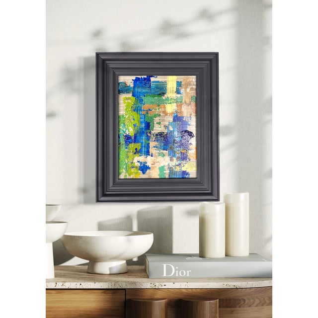 Original abstract painting by J. Kent Martin featuring layered cobalt, turquoise, green, and warm neutral tones in a...