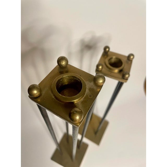 Mid Century Transitional Black Metal and Brass Candlesticks, a Pair For Sale - Image 11 of 12