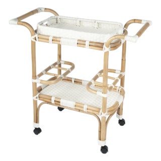 Selena 34.5 in. W Rectangular Rattan 2 Tier Mobile Removeable Top Bar Cart with Bottle Holders, Smooth White For Sale