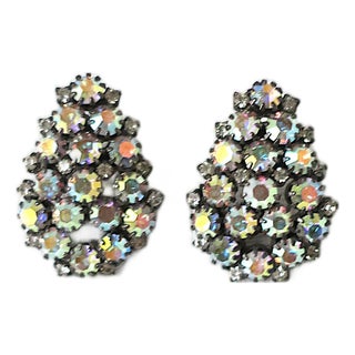 Iridescent Rhinestone Cluster Earrings, Pierced, Circa 1990s, A Pair For Sale